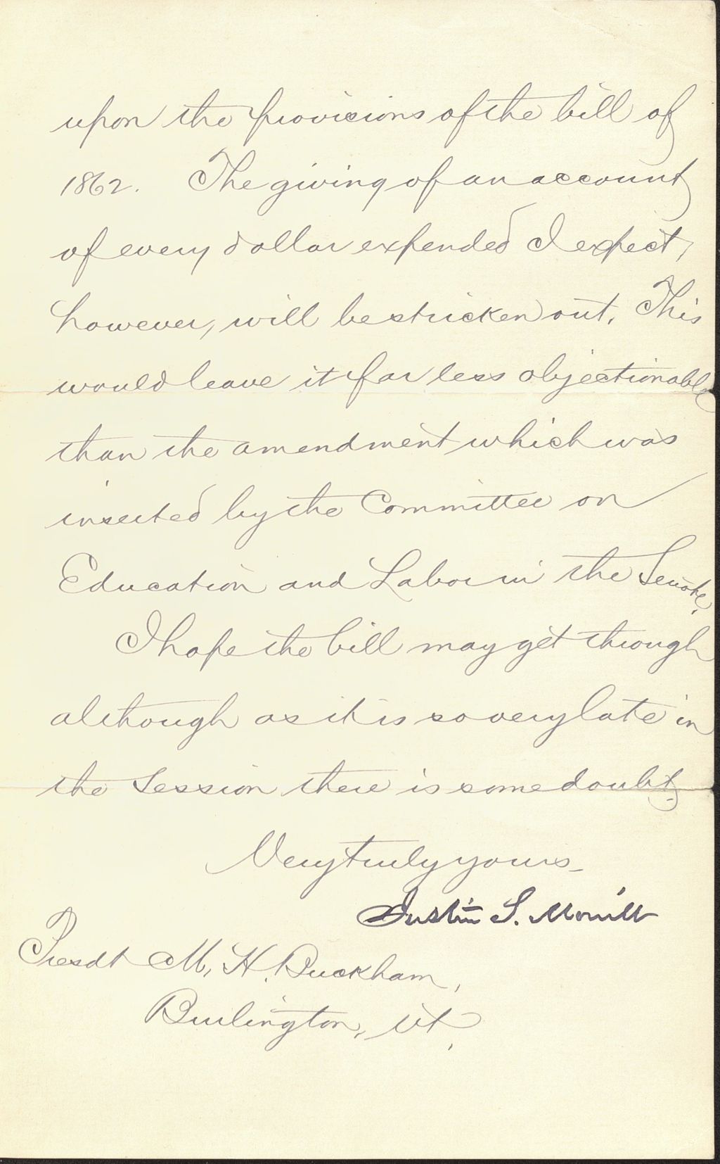 Miniature of Justin Smith Morrill to Matthew H. Buckham, July 10, 1890