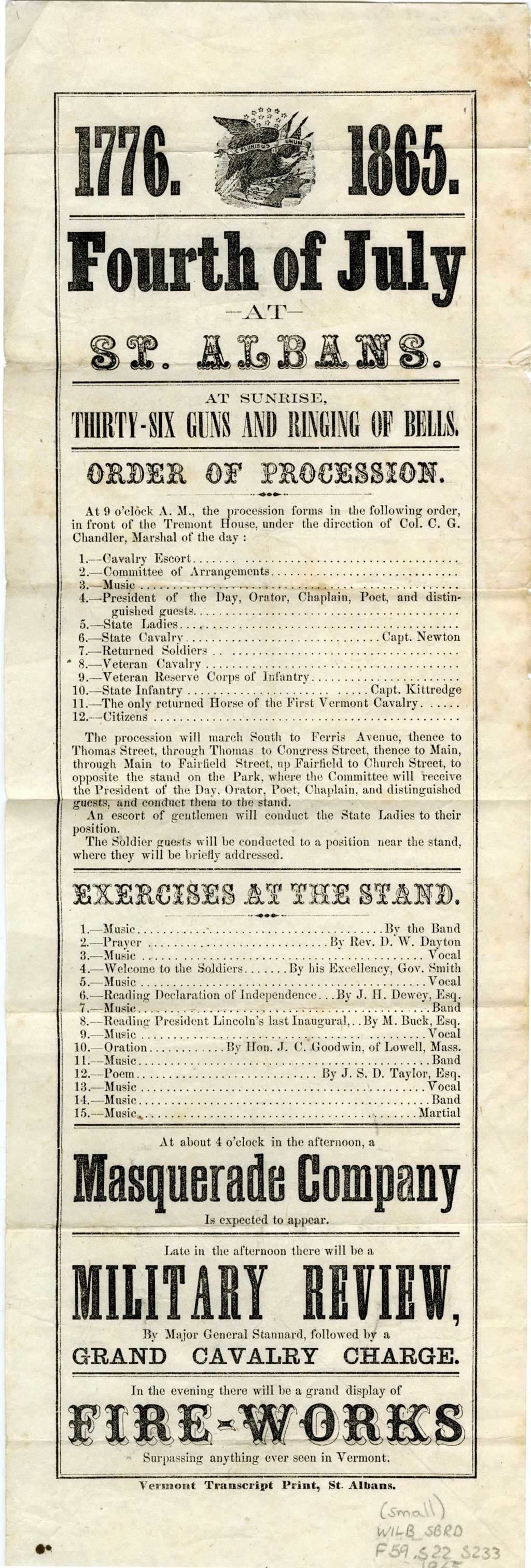 Miniature of Fourth of July at St. Albans at sunrise thirty-six guns and ringing of bells : order of procession ... exercises at the stands ... a masquerade company is expected to appear ... military review by Major General Stannard