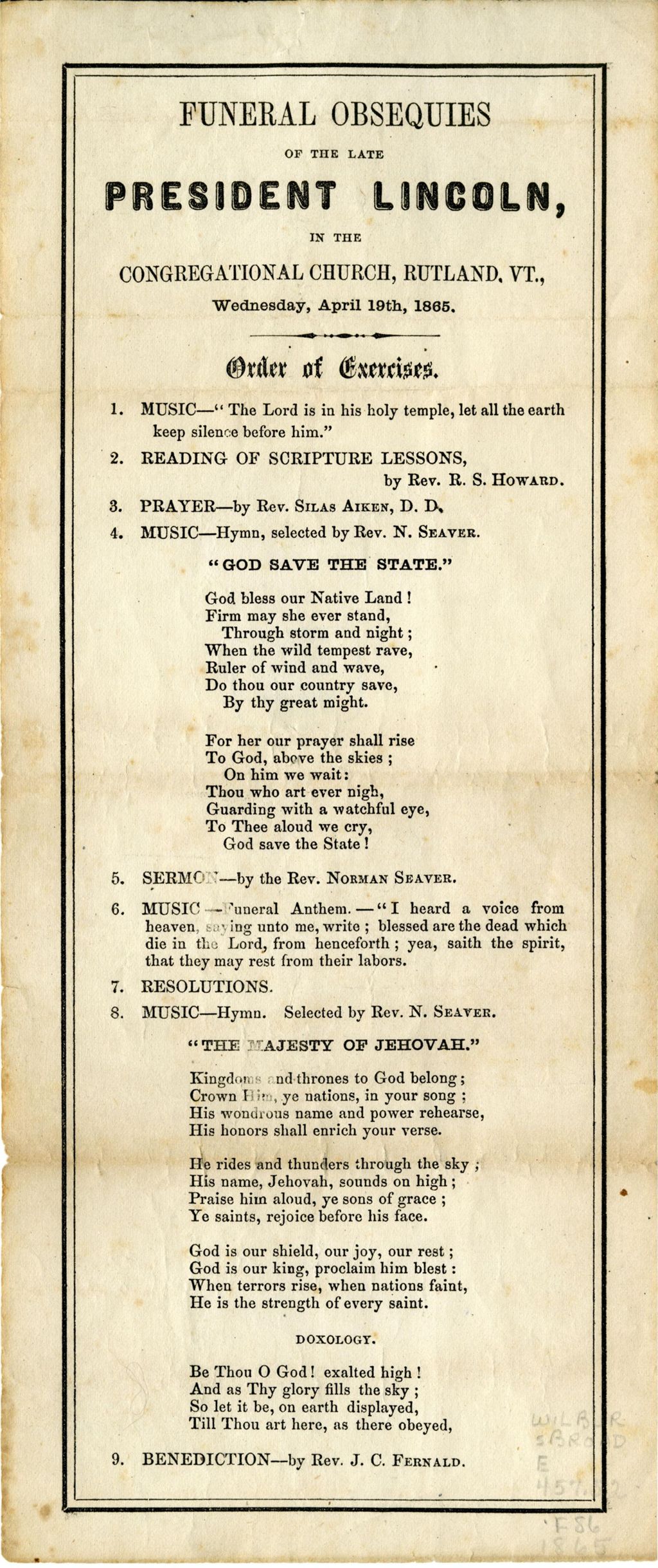 Miniature of Funeral obsequies of the late President Lincoln : in the Congregational Church Rutland, Vt. ... April 19th, 1865