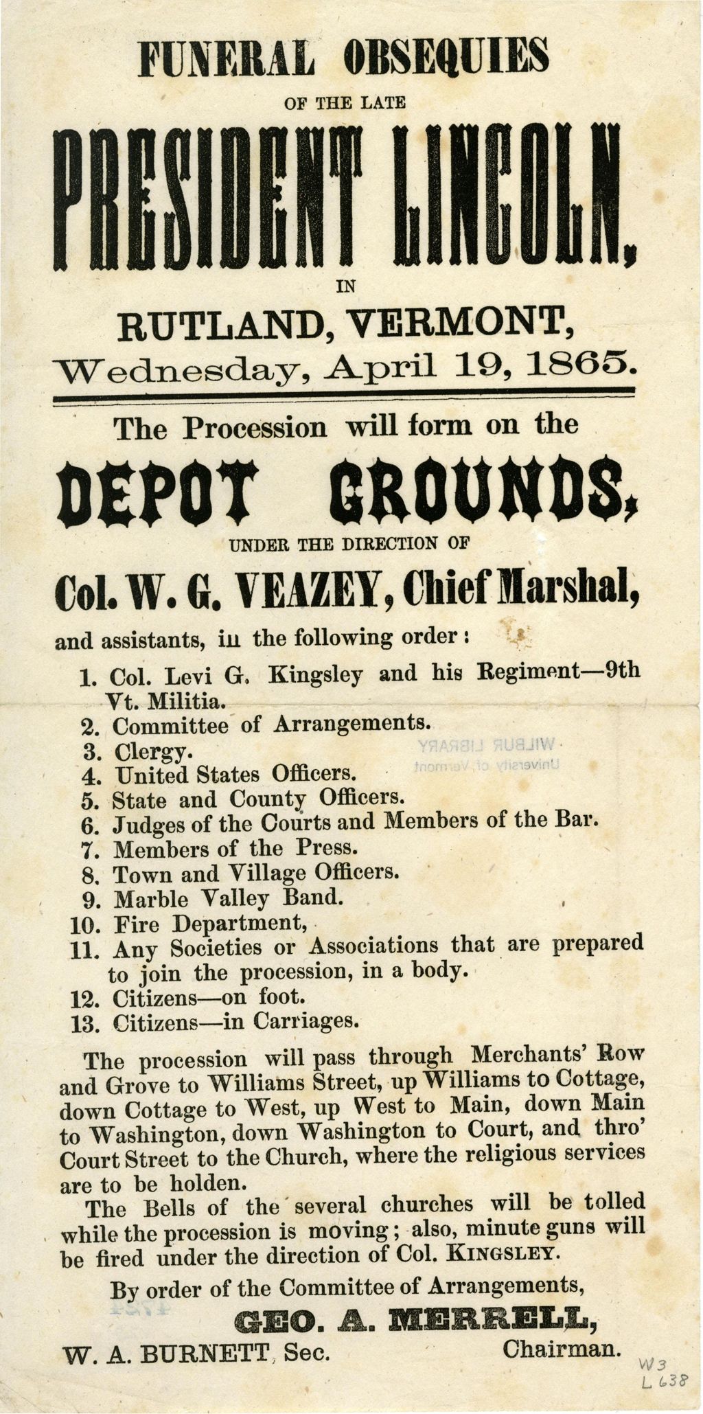 Miniature of Funeral obsequies of the late President Lincoln, in Rutland, Vermont, Wednesday, April 19, 1865 : The procession will form on the depot grounds, under the direction of Col. W.G. Veazey .... By order of the committee of Arrangements, Geo. A. Merrell, Chairman. W.A. Burnett, Sec