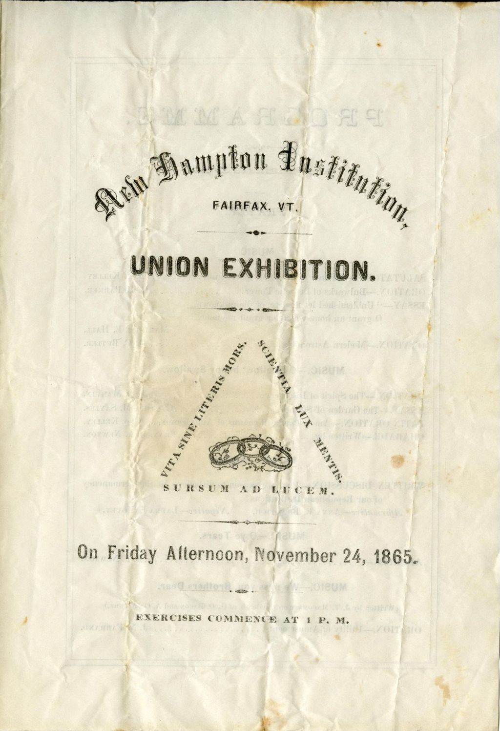 Miniature of Union exhibition on Friday afternoon, November 24th, 1865 : exercises commence at 1 P.M