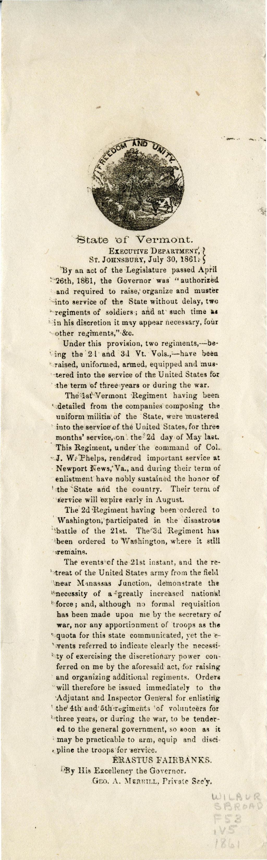 Miniature of By an act of the legislature : ... governor was required to raise ... two regiments of soldiers ... two regiments ... have been raised ... rendered important service ... retreat of the United States Army ... near Manassas ... demonstrate necessity of ... increased national force