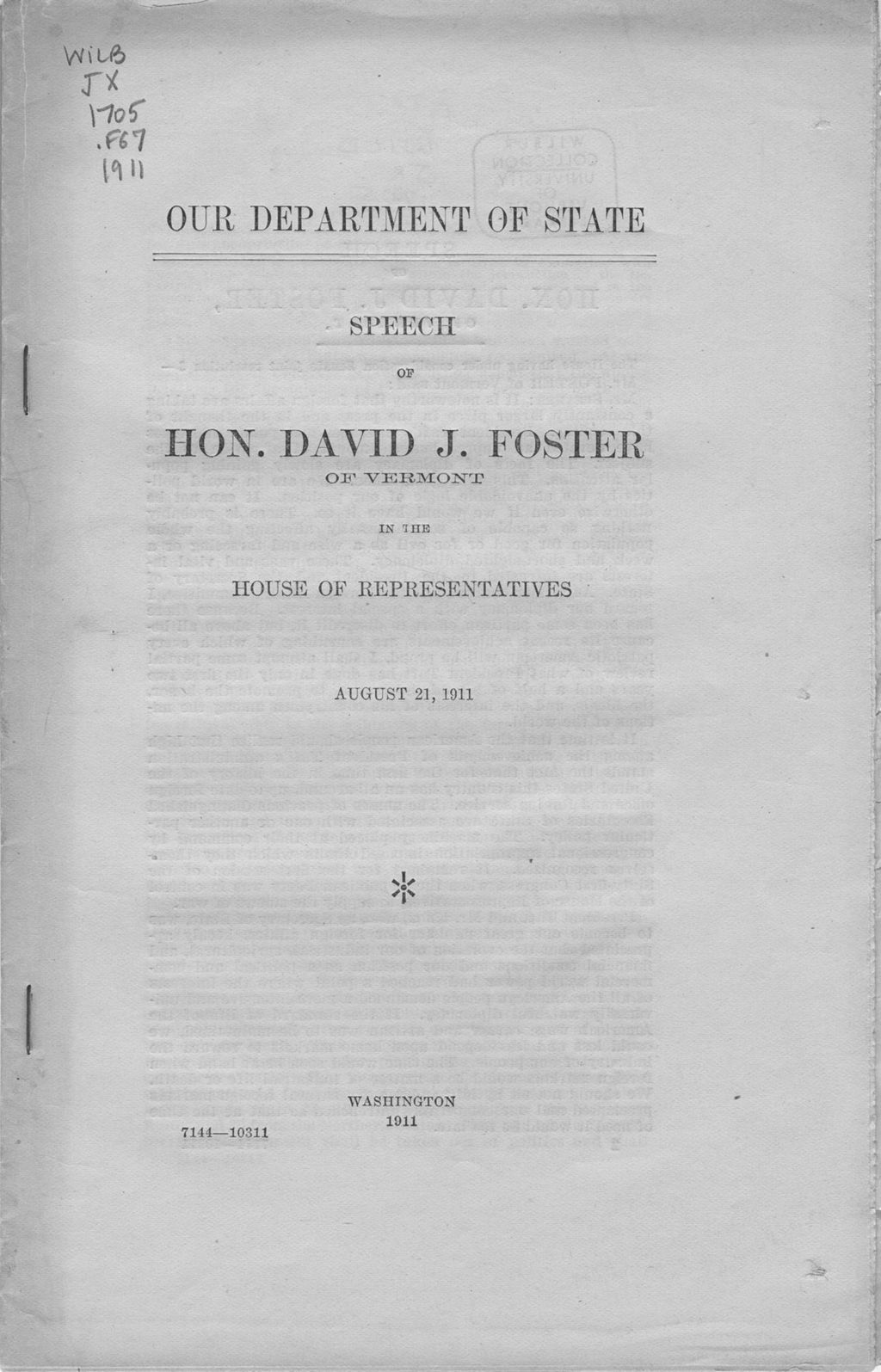 Miniature of Our Department of State : speech of Hon. David J. Foster, of Vermont, in the House of Representatives, August 21, 1911.