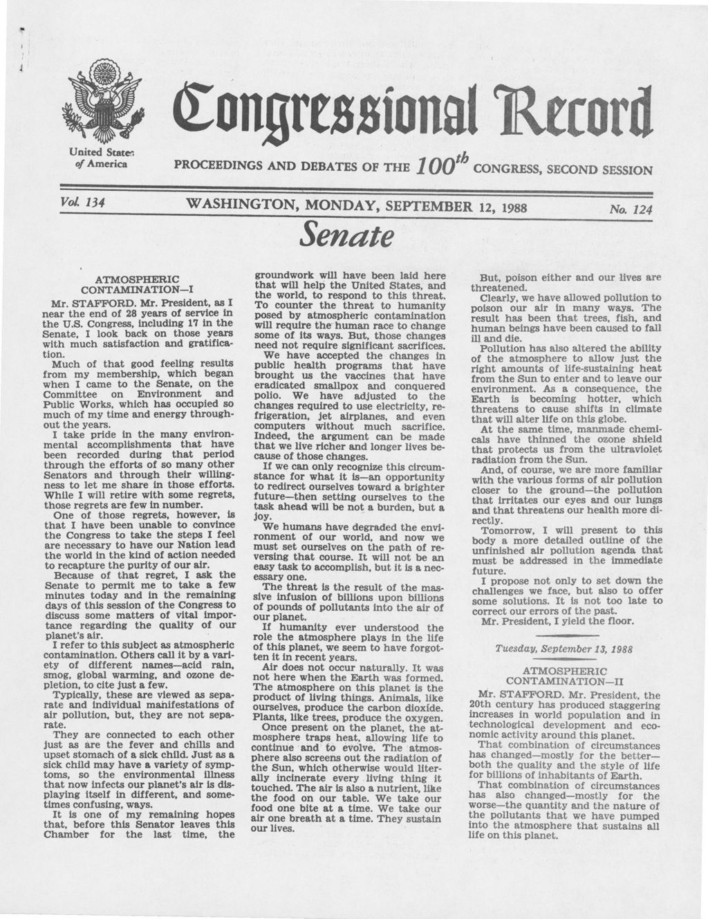 Miniature of Environmental speeches of the Honorable Robert T. Stafford, United States Senator from the state of Vermont : delivered in the Senate of the United States, September-October 1988.