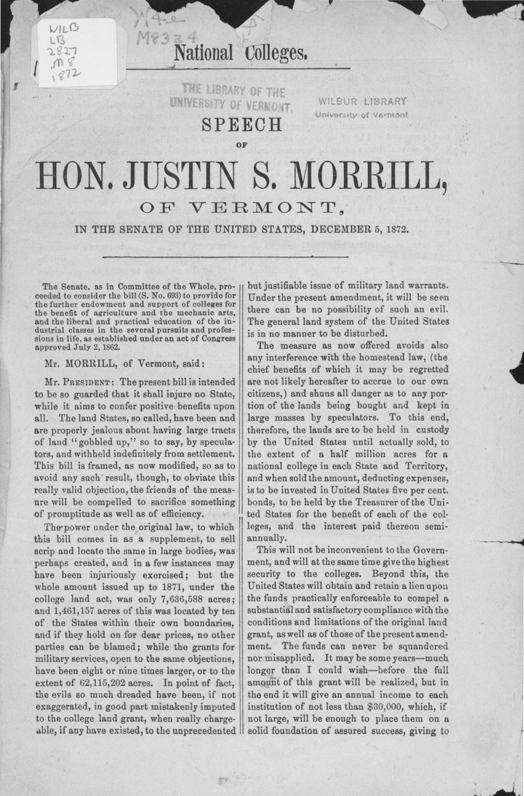 Miniature of National colleges : speech of Hon. Justin S. Morrill of Vermont in the Senate of the United States, December 5, 1872.