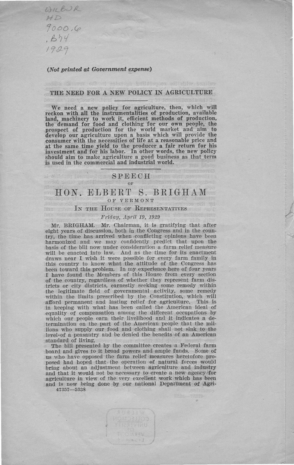 Miniature of The need for a new policy in agriculture : ... speech of Hon. Elbert S. Brigham of Vermont in the House of Representatives, Friday, April 19, 1929.