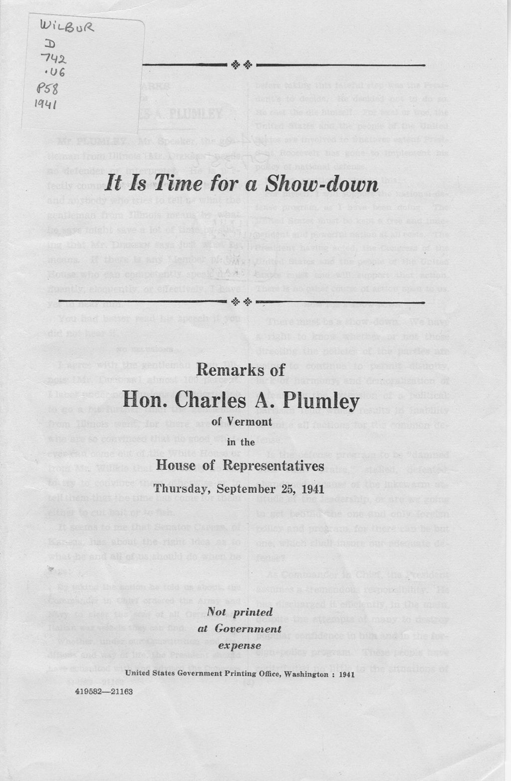 Miniature of It is time for a show-down : remarks of Hon. Charles A. Plumley, of Vermont, in the House of Representatives, Thursday, September 25, 1941.