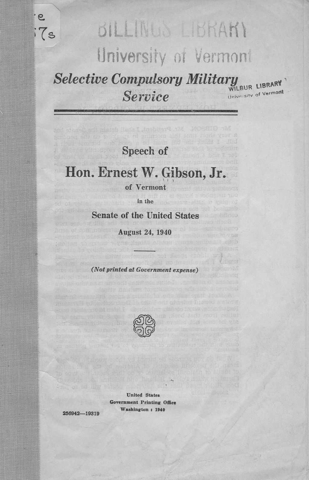 Miniature of Selective compulsory military service : speech of Hon. Ernest W. Gibson, Jr. of Vermont in the Senate of the United States, August 24, 1940.