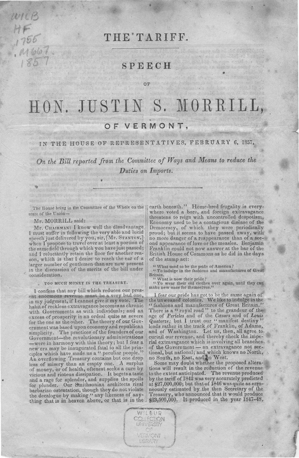 Miniature of The tariff : speech of Hon. Justin S. Morrill, of Vermont, in the House of Representatives, February 6, 1857 : on the bill reported from the Committee of Ways and Means to reduce the duties on imports.