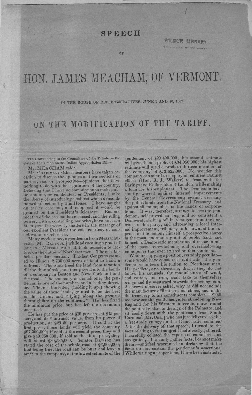 Miniature of Speech of Hon. James Meacham of Vermont in the House of Representatives, June 9 and 10, 1852 on the modification of the tariff.