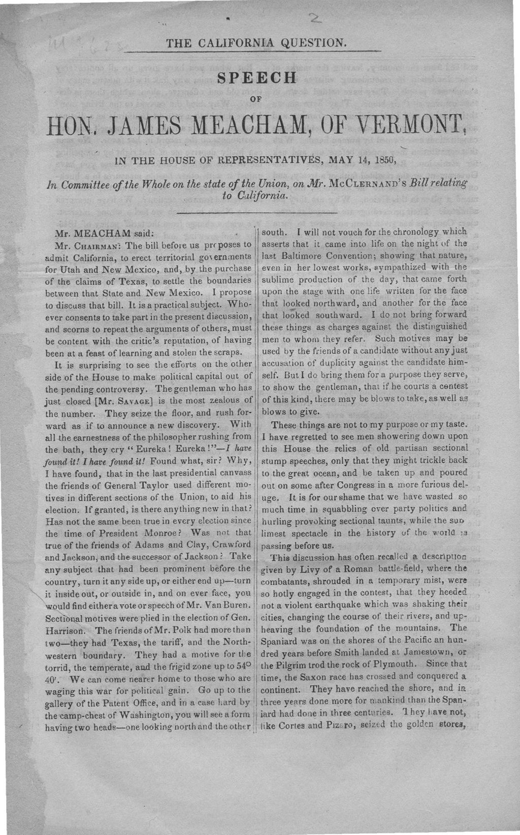 Miniature of The California question : speech of Hon. James Meacham, of Vermont in the House of Representatives, May 14, 1850.