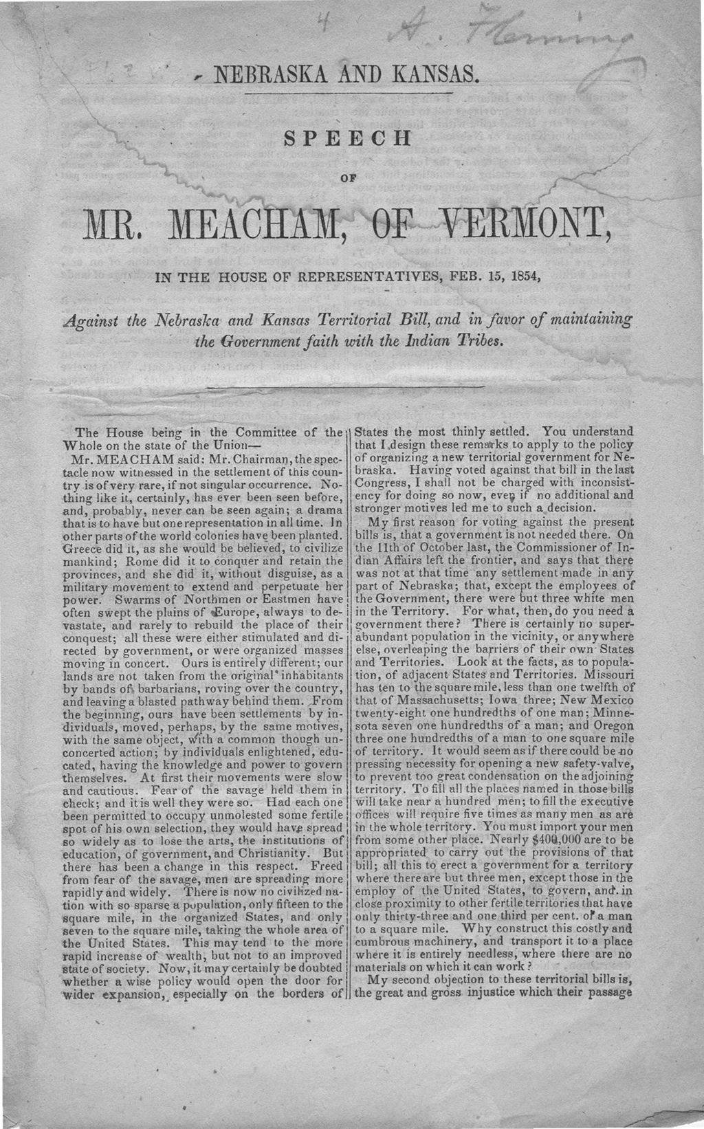 Miniature of Nebraska and Kansas : speech of Mr. Meacham, of Vermont, in the House of Representatives, Feb. 15, 1854, against the Nebraska and Kansas territorial bill, and in favor of maintaining the government faith with the Indian tribes.