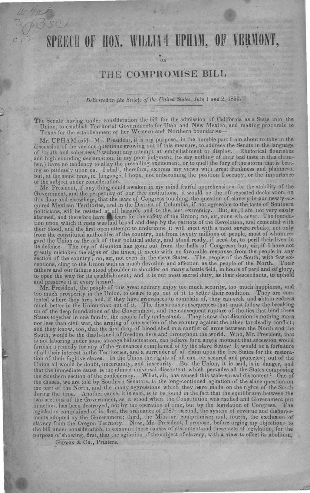 Miniature of Speech of Hon. William Upham, of Vermont, on the Compromise bill : in Senate, July 1 and 2, 1850.