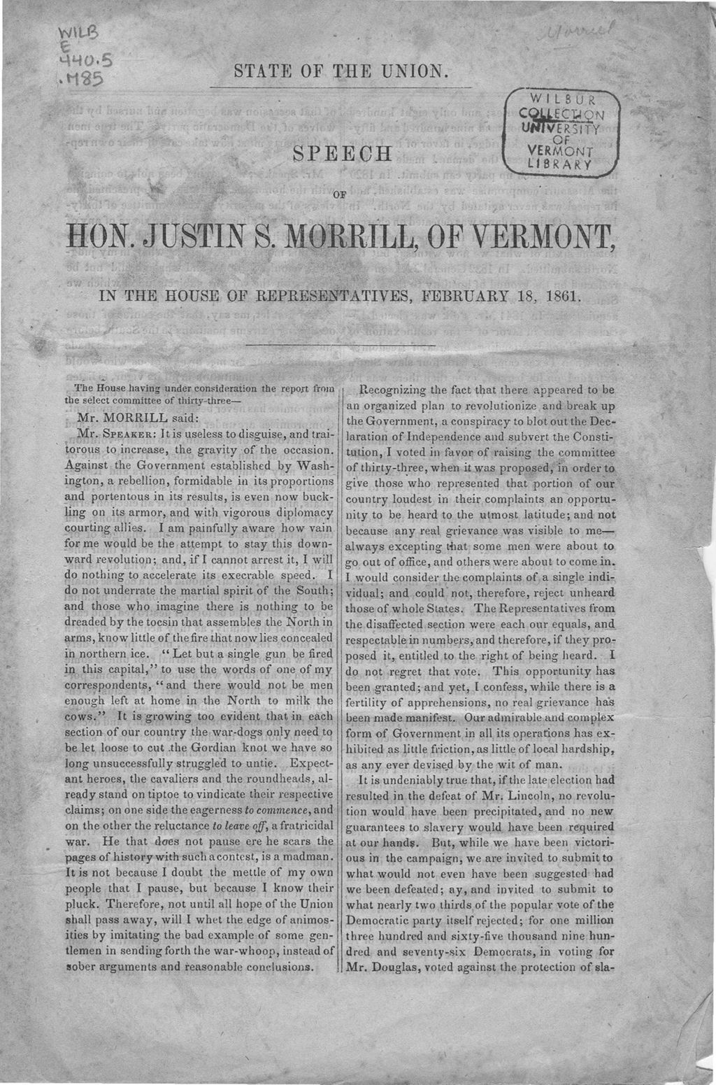 Miniature of State of the Union / speech of Hon. Justin S. Morrill of Vermont, in the House of Representatives, February 18, 1861.