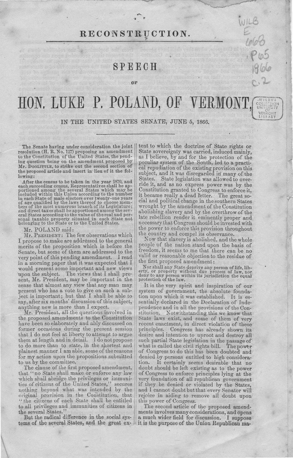 Miniature of Reconstruction : speech of Hon. Luke P. Poland, of Vermont, in the United States Senate, June 5, 1866.