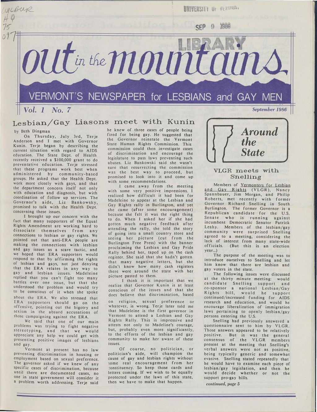 Miniature of Out in the Mountains, September, 1986