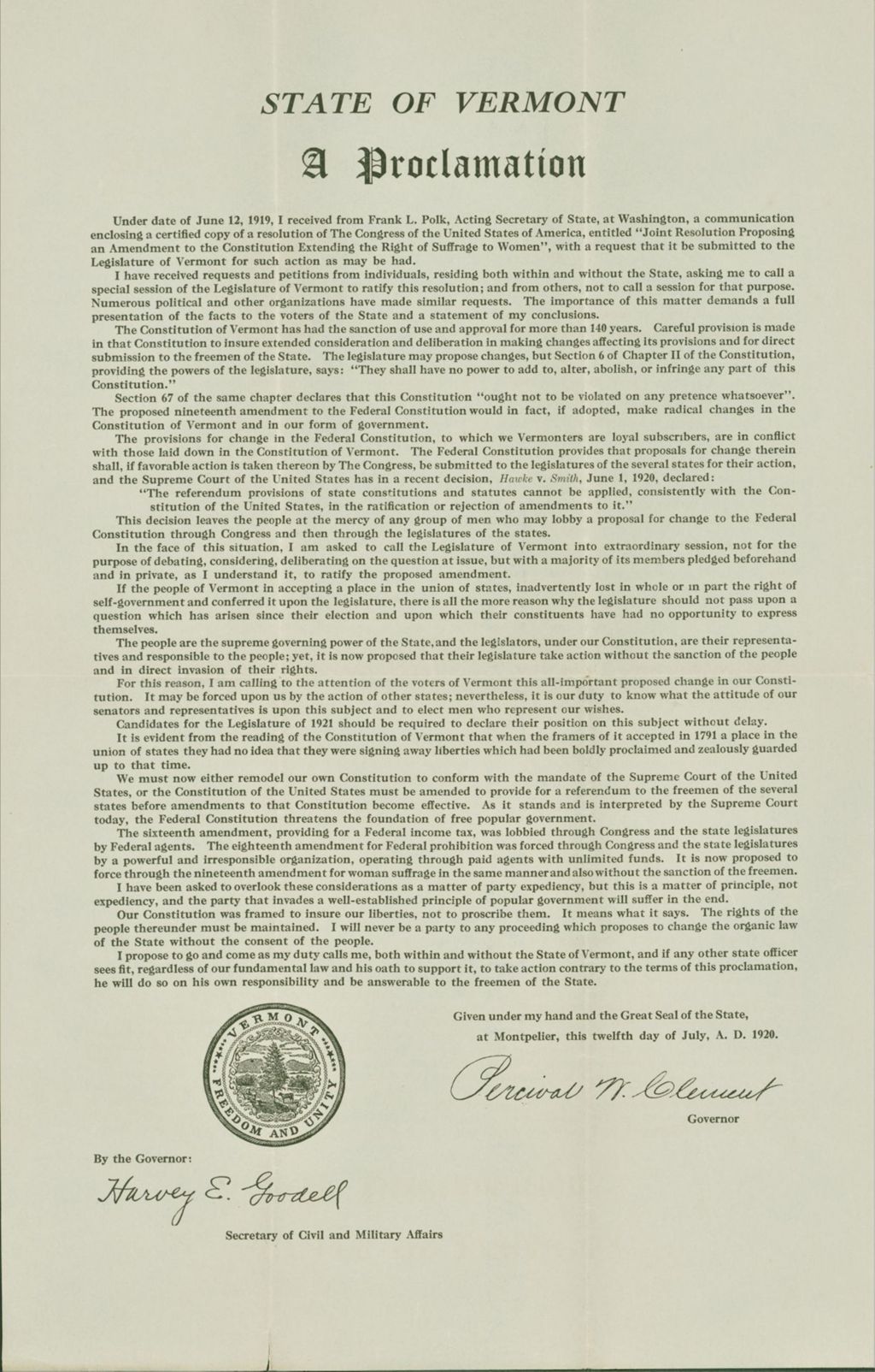 Miniature of Proclamation relating to federal suffrage amendment