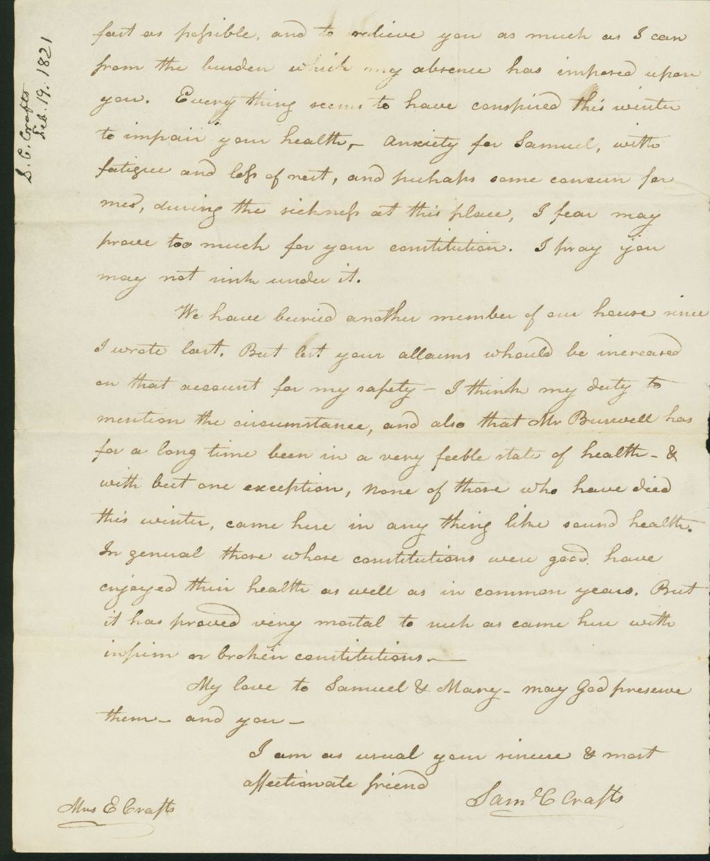 Miniature of Letter to Eunice Todd Crafts, February 19, 1821