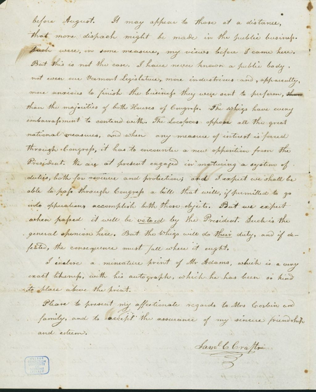 Miniature of Letter to Pliny Corbin, July 13, 1842