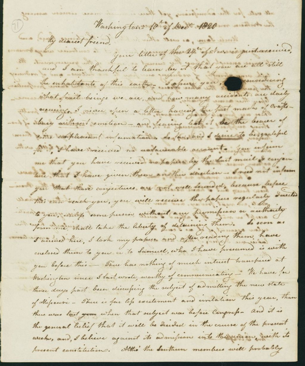 Miniature of Letter to Eunice Todd Crafts, December 10, 1820