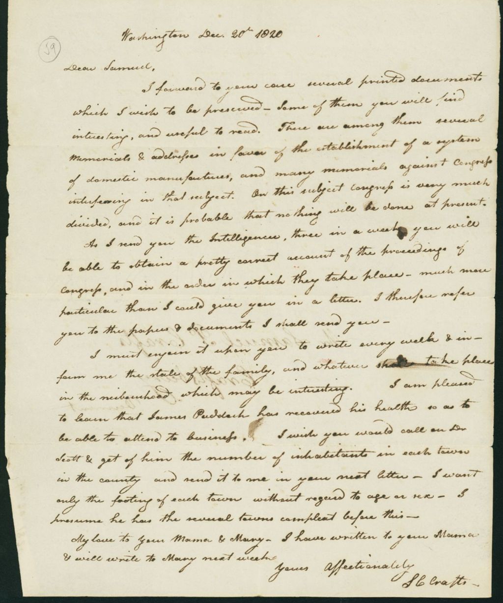 Miniature of Letter to Samuel P. Crafts, December 20, 1820