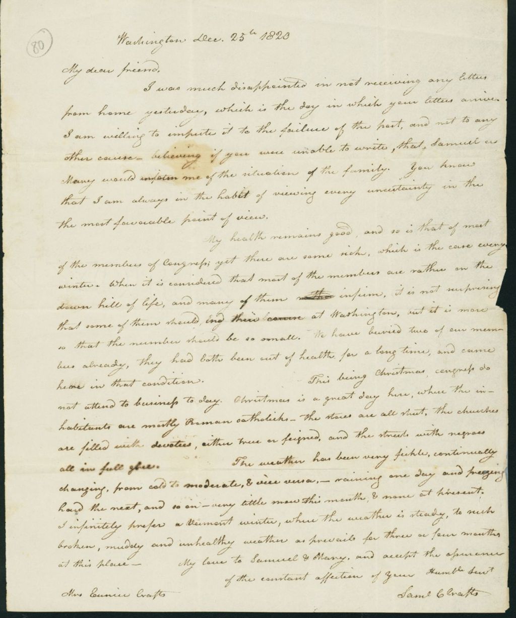 Miniature of Letter to Eunice Todd Crafts, December 25, 1820