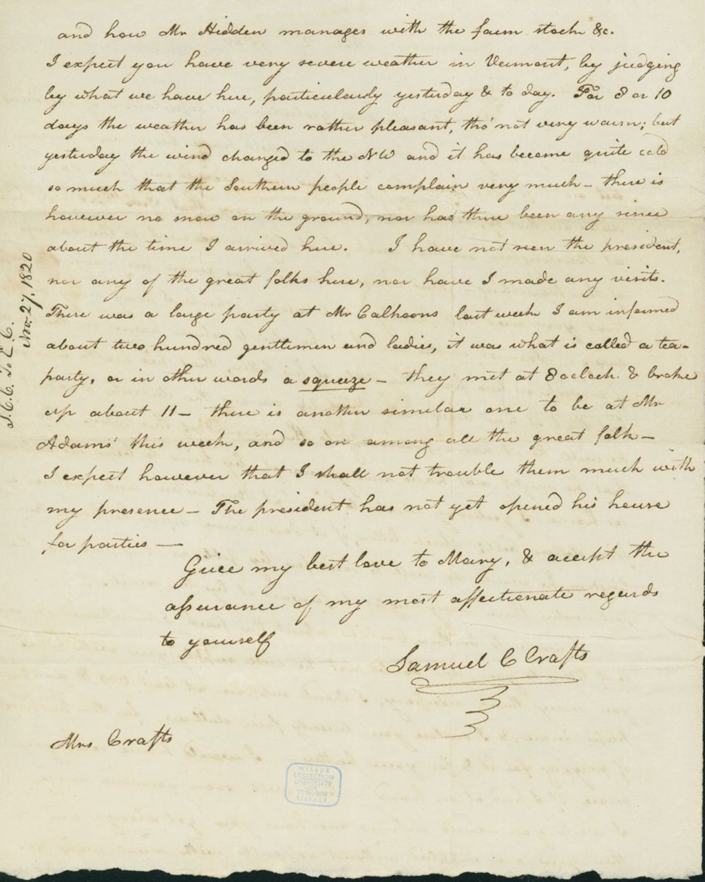 Miniature of Letter to Eunice Todd Crafts, November 27, 1820