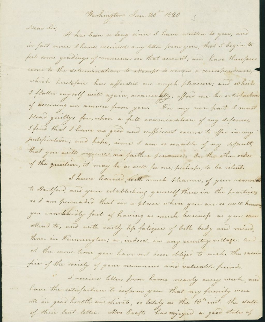 Miniature of Letter to Doctor Eli Todd, January 30, 1820