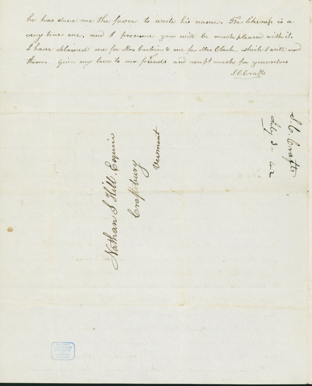 Miniature of Letter to Nathan and Mary Hill, July 3, 1842