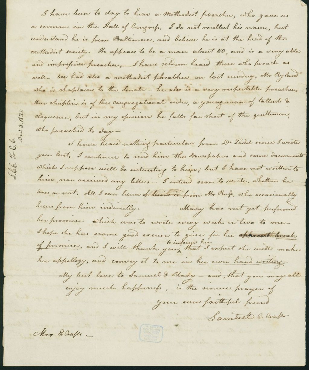 Miniature of Letter to Eunice Todd Crafts, December 3, 1820