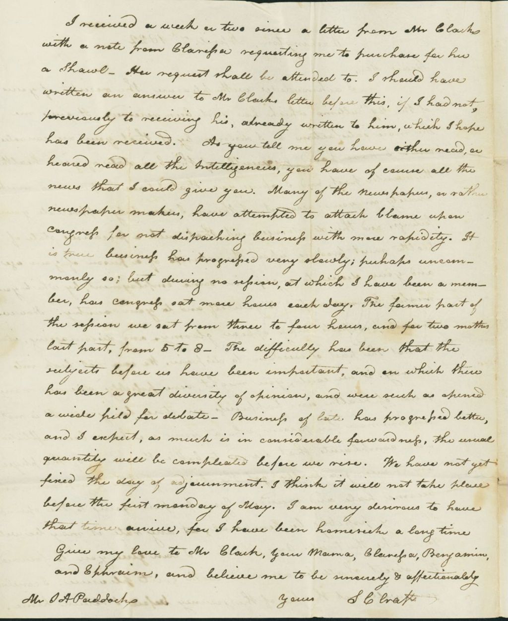 Miniature of Letter to James A. Paddock, April 7, 1822