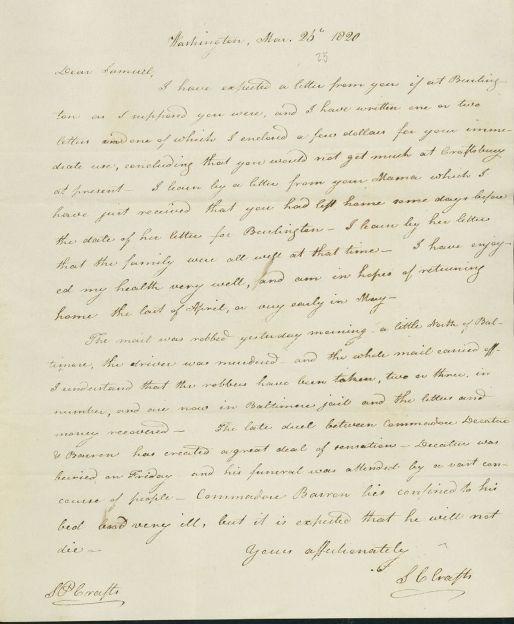 Miniature of Letter to Samuel P. Crafts, March 25, 1820