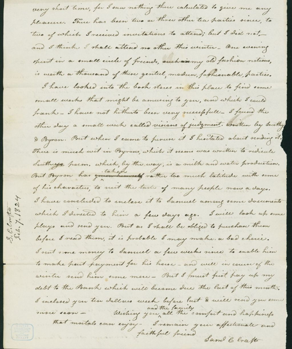 Miniature of Letter to Eunice Crafts, February 7, 1824