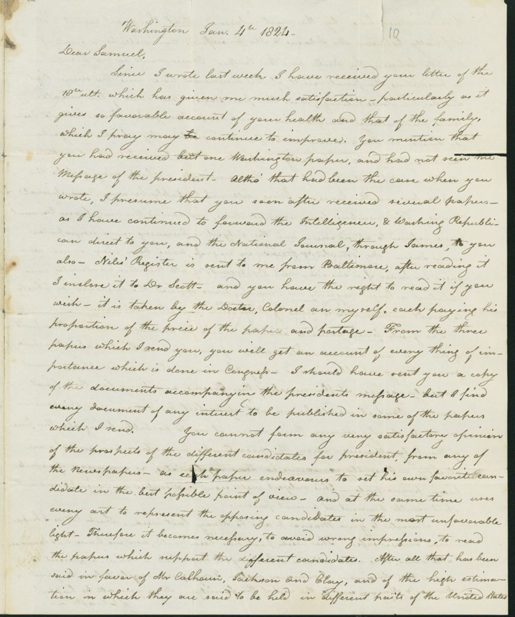 Miniature of Letter to Samuel P. Crafts, January 4, 1824