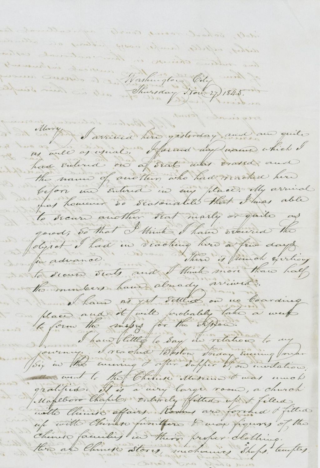 Miniature of Letter to Mary N. Collamer, November 27, 1845