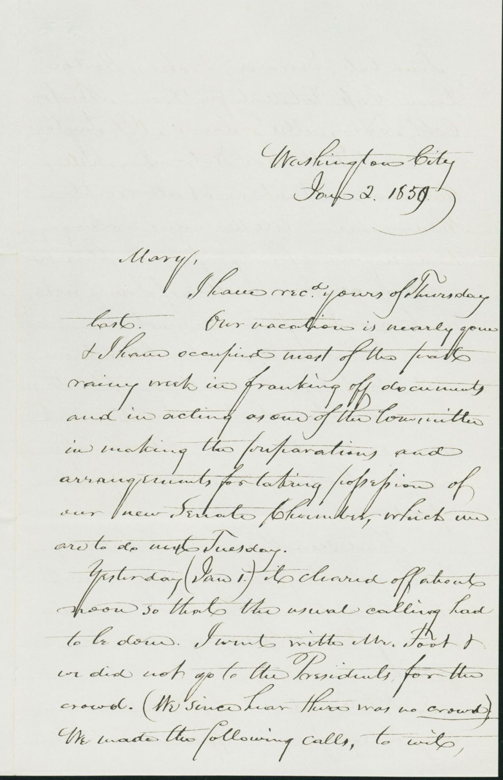 Miniature of Letter to Mary Collamer, January 2, 1859