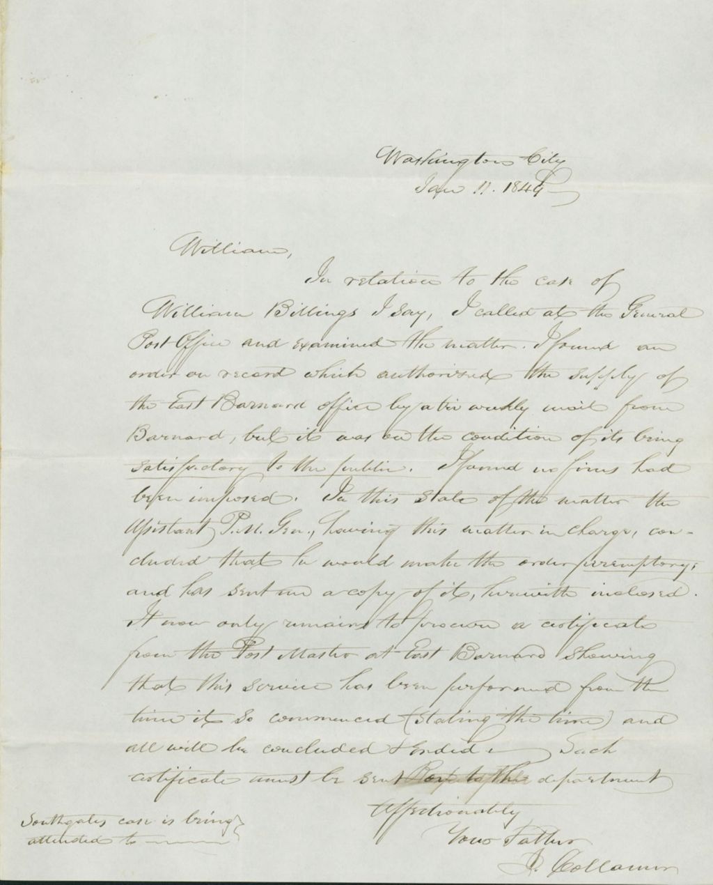 Miniature of Letter to William Collamer, January 11, 1849