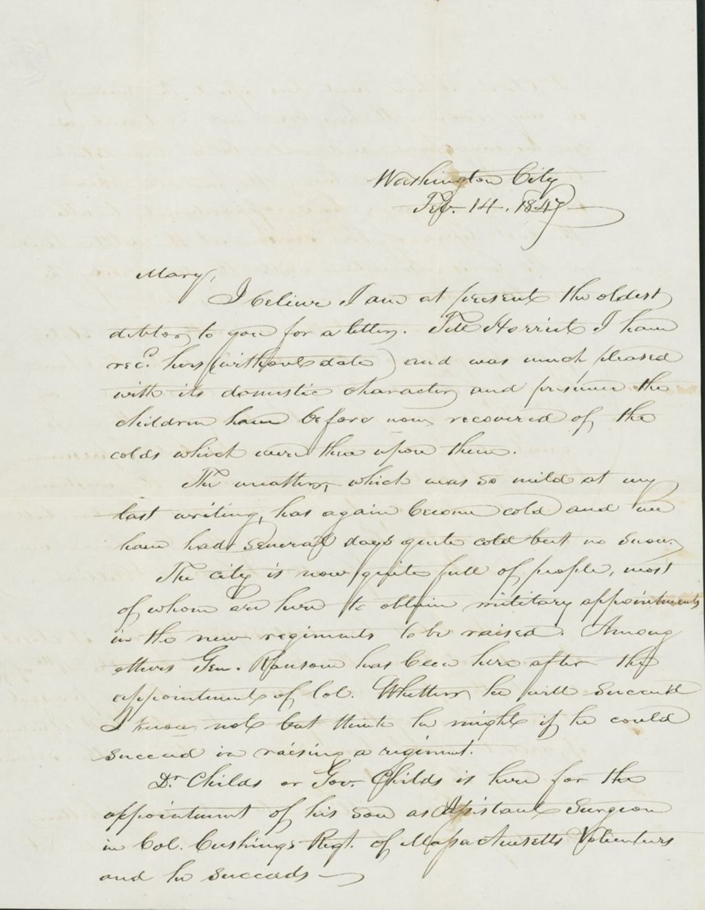 Miniature of Letter to Mary Collamer, February 14, 1847