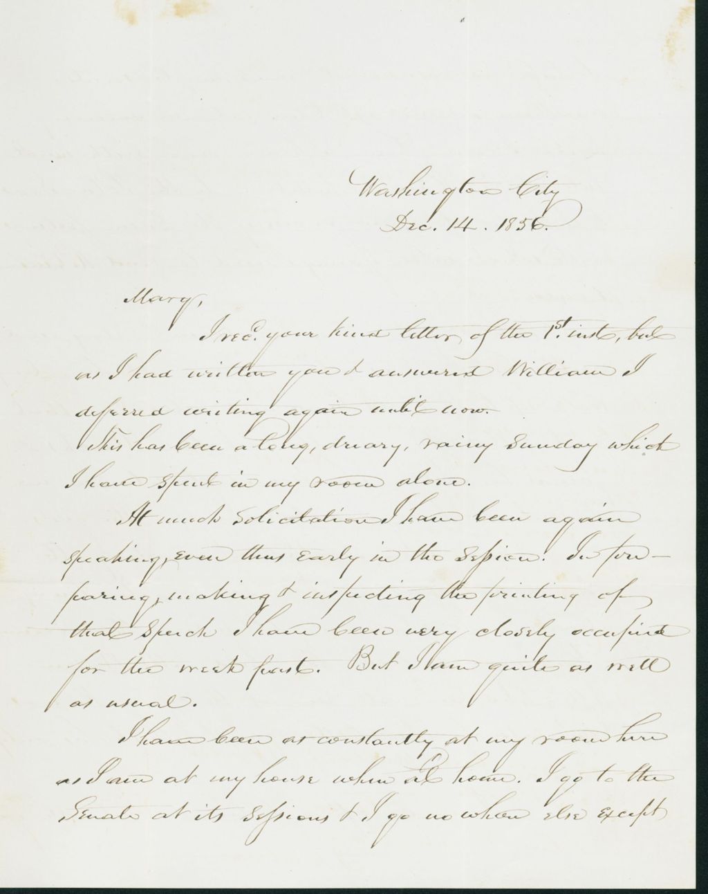 Miniature of Letter to Mary N. Collamer, December 14, 1856