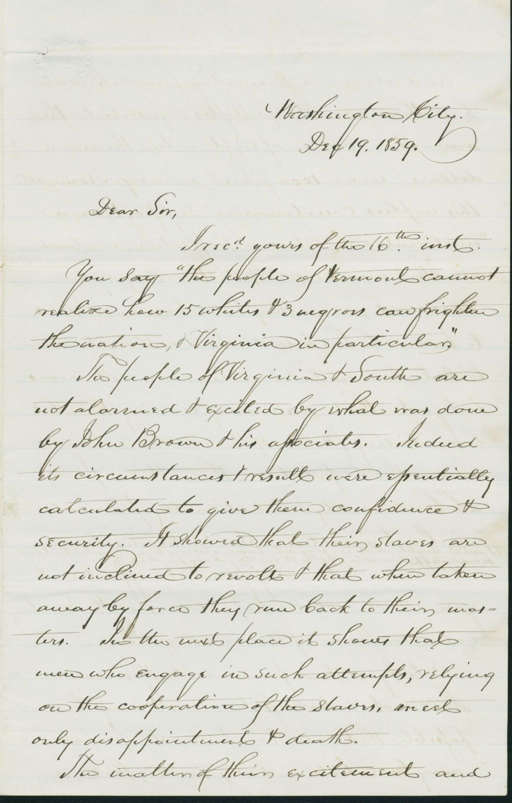 Miniature of Letter to Mary N. Collamer, December 19, 1859