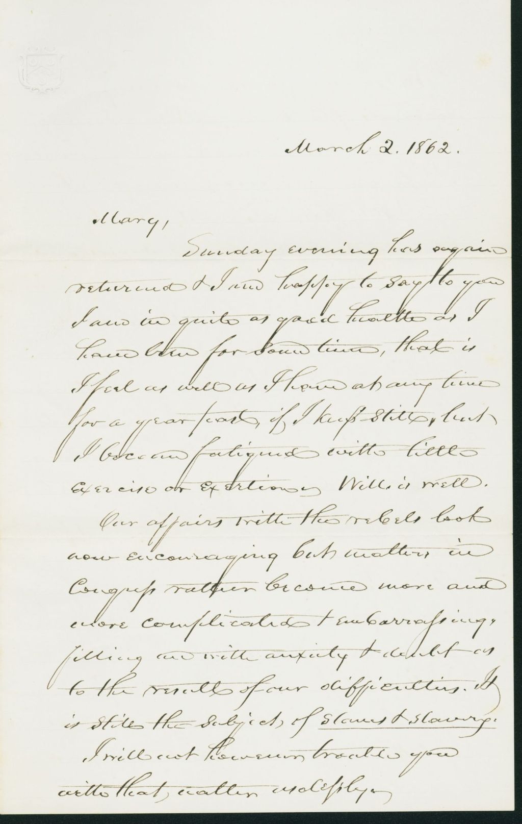 Miniature of Letter to Mary N. Collamer, March 2, 1862