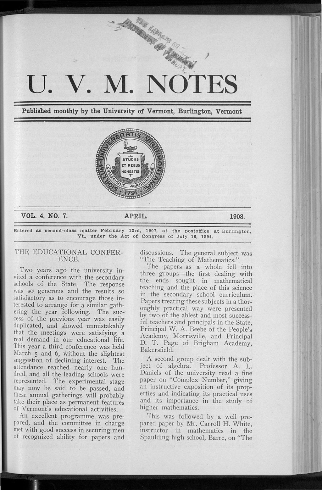 Miniature of U.V.M. Notes vol. 04 no. 07