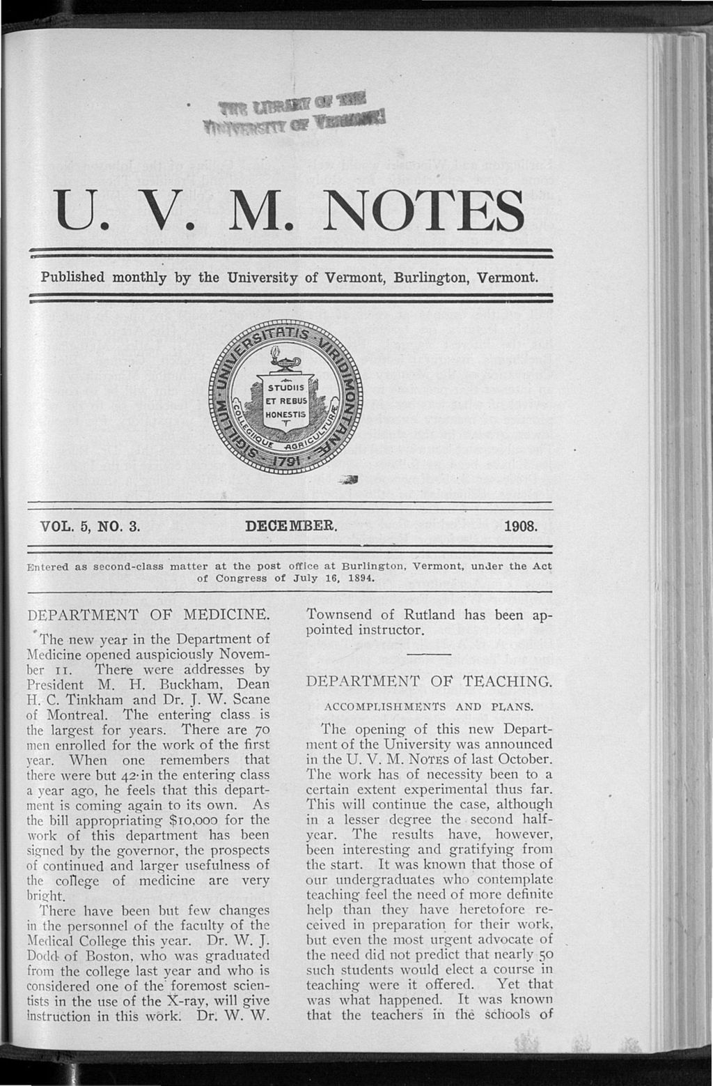 Miniature of U.V.M. Notes vol. 05 no. 03