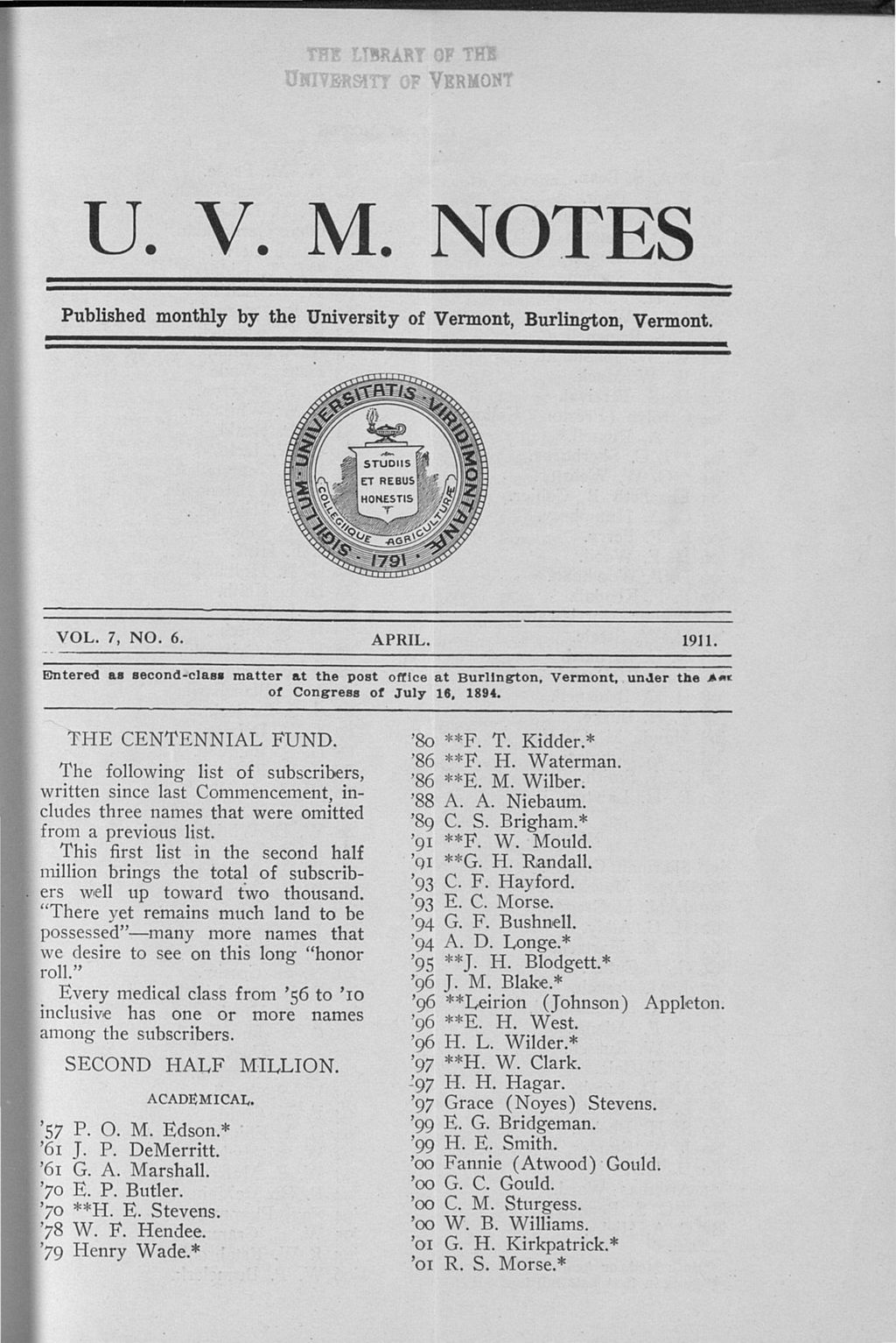 Miniature of U.V.M. Notes vol. 07 no. 06