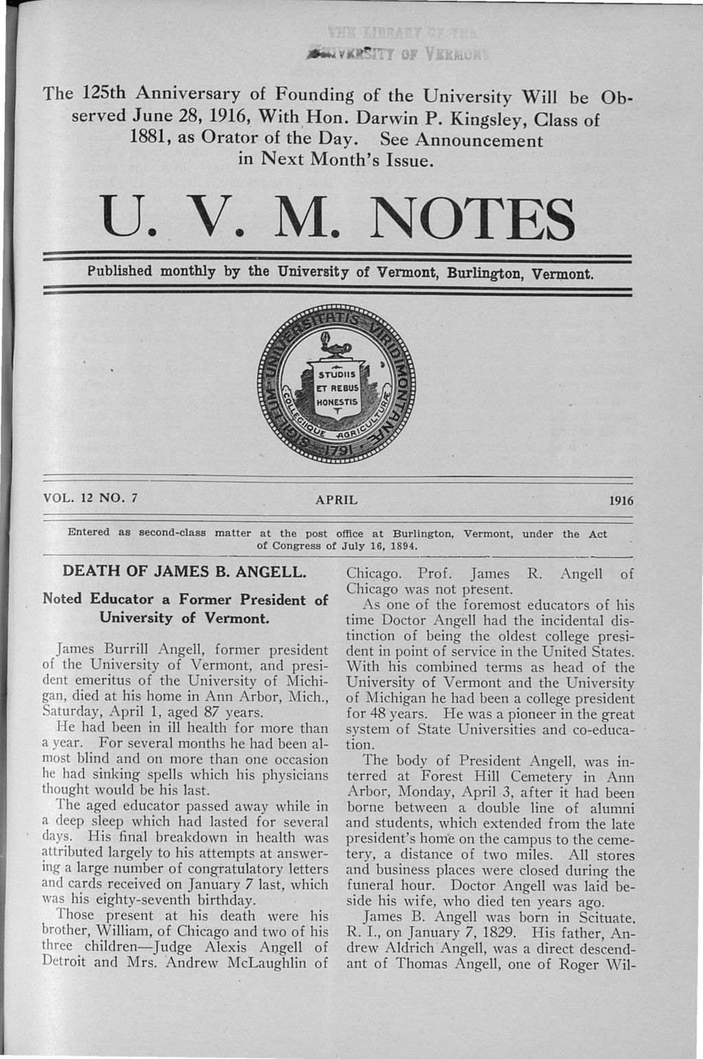 Miniature of U.V.M. Notes vol. 12 no. 07