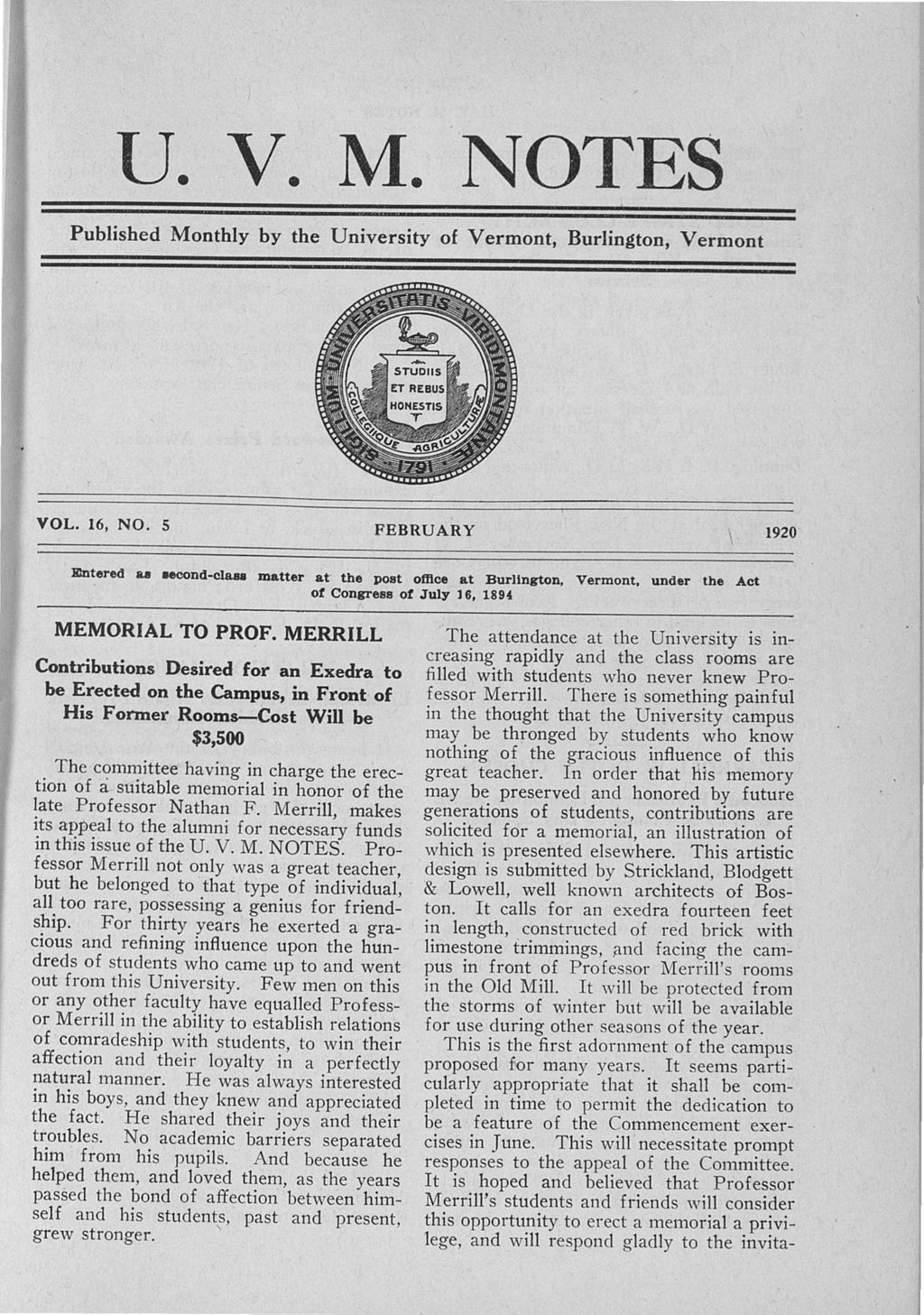Miniature of UVM Notes vol. 16 no. 05