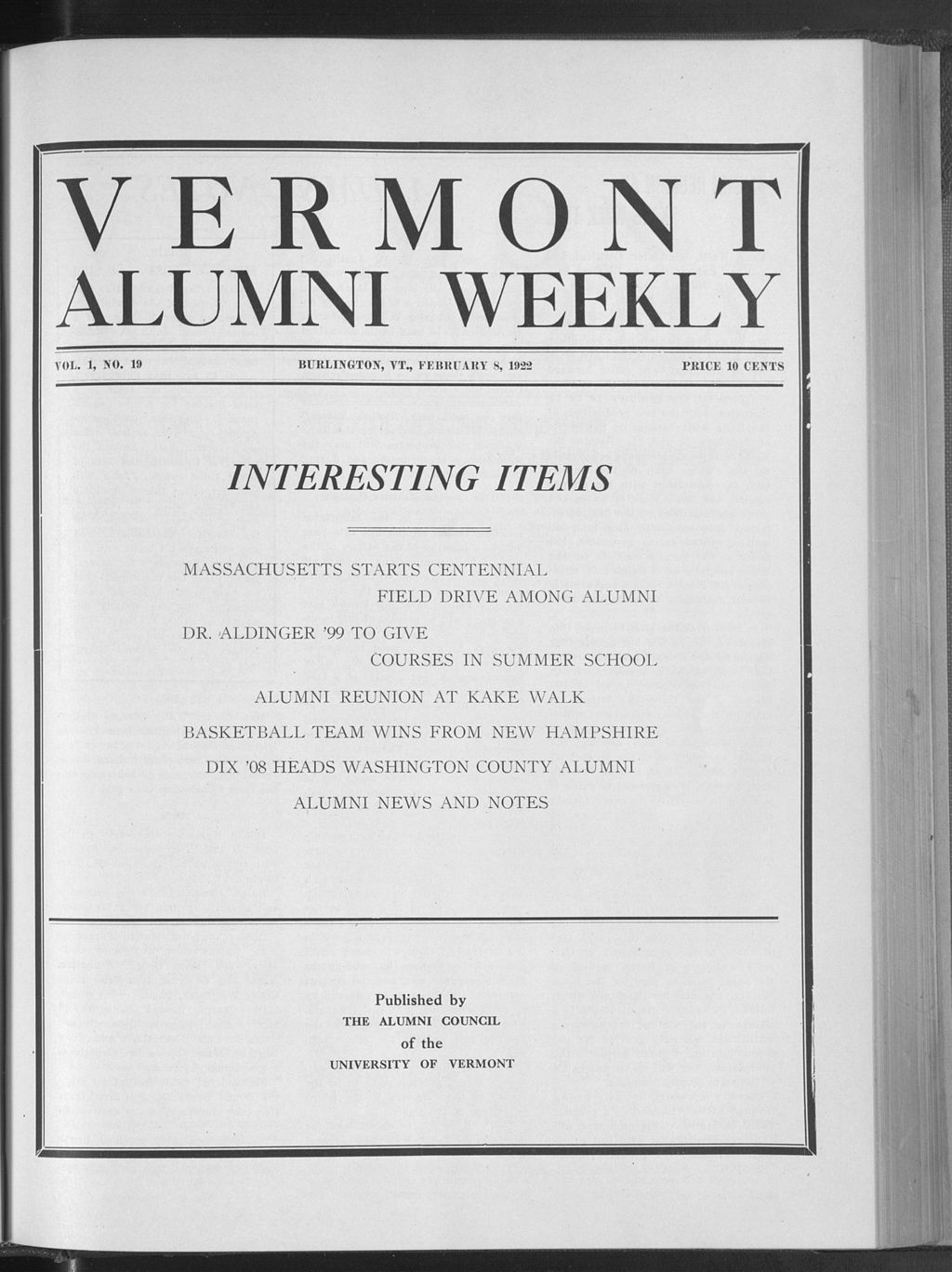 Miniature of Vermont Alumni Weekly vol. 01 no. 19