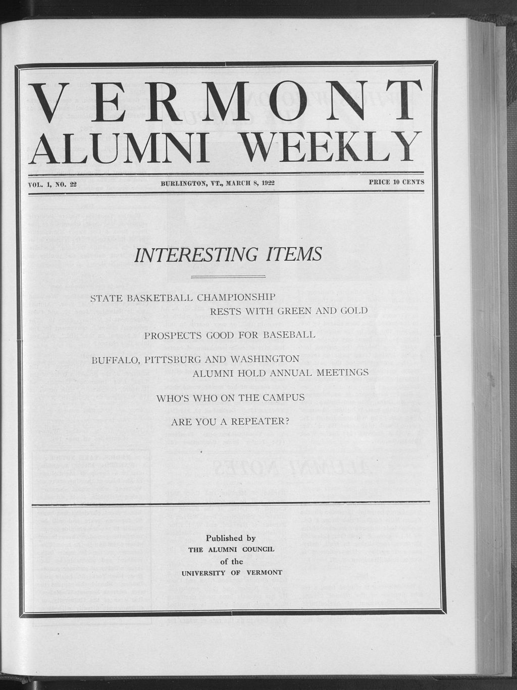 Miniature of Vermont Alumni Weekly vol. 01 no. 22