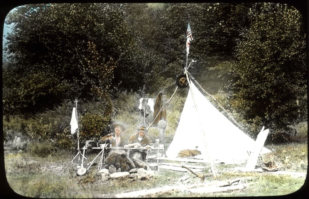 Miniature of Ernest and Alarie Lesage at their tent in Nebraska Notch