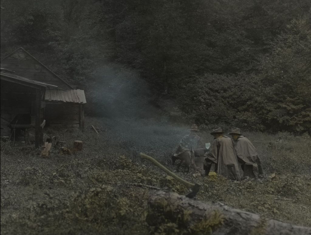 Miniature of Congdon's patrol at a deserted lumber camp near Lake Mansfield